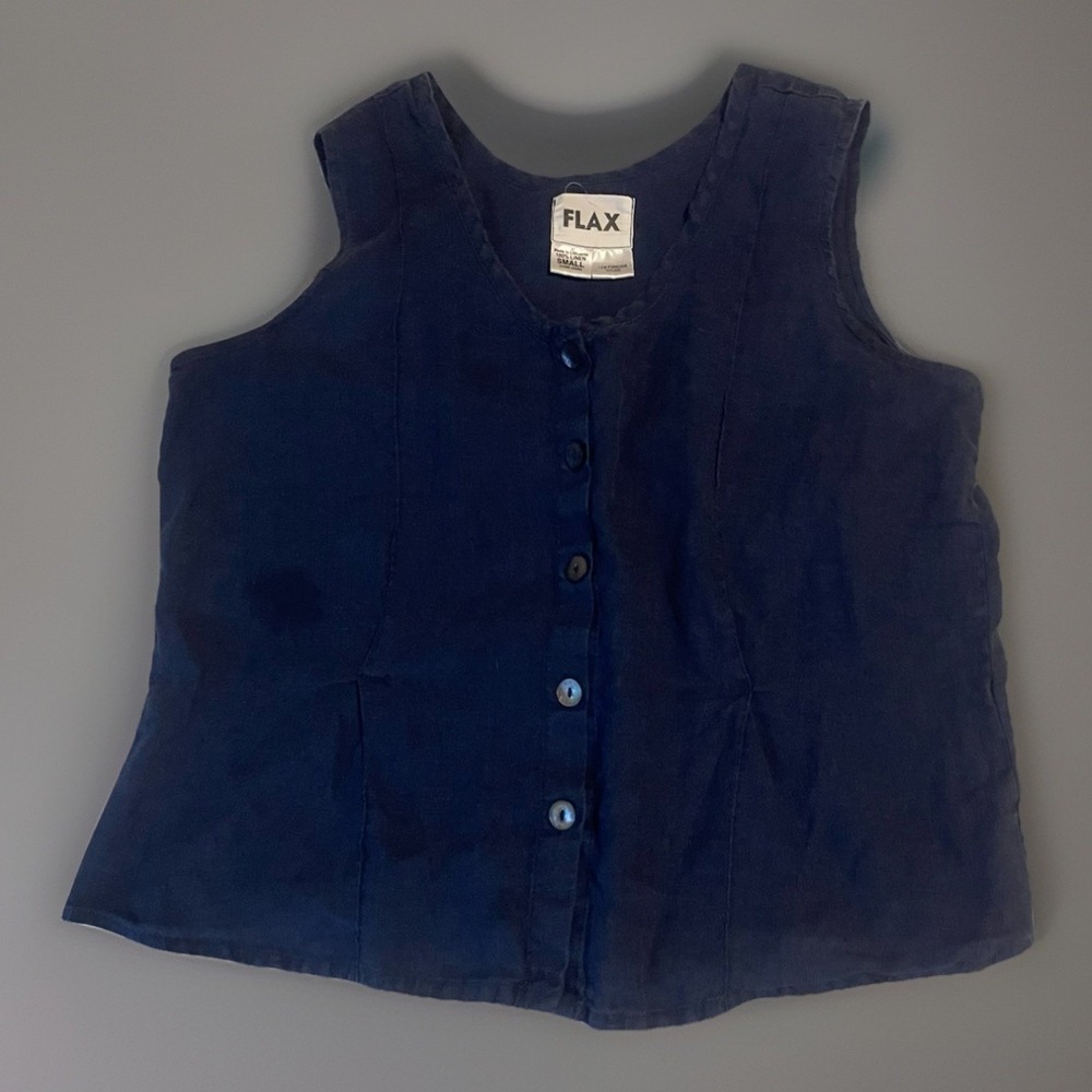 Flax Womans Linen Blue Short Sleeve Navy Blue Tank Shirt -small